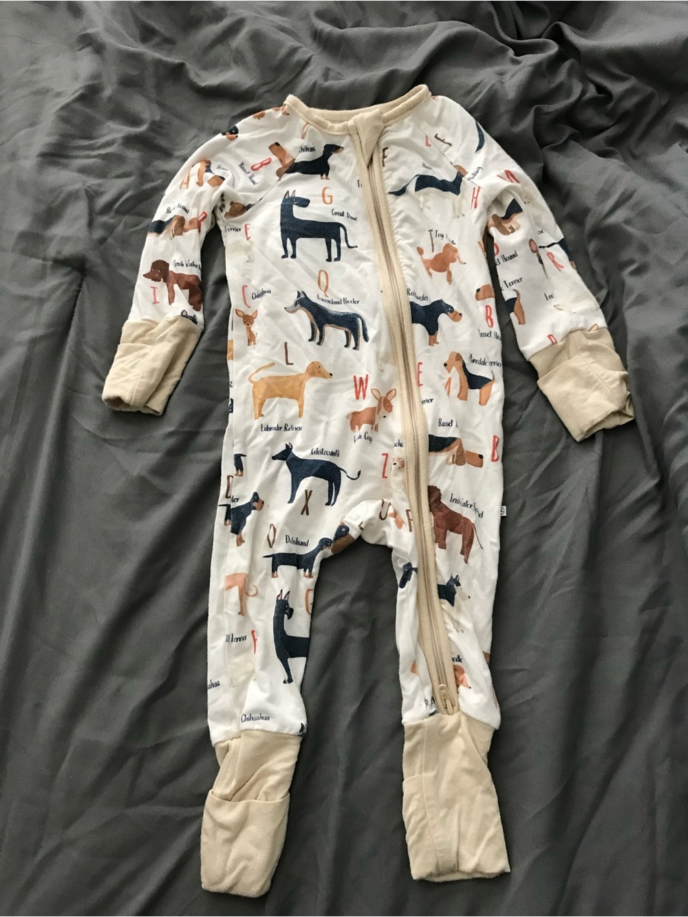 Caden Lane White Footed One-Piece with Navy, Tan and Brown Dog Print BAMBOO PJS